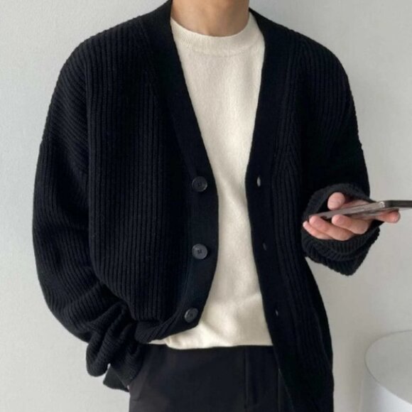 Black Mens Drop Shoulder Cardigan - Picture 1 of 4